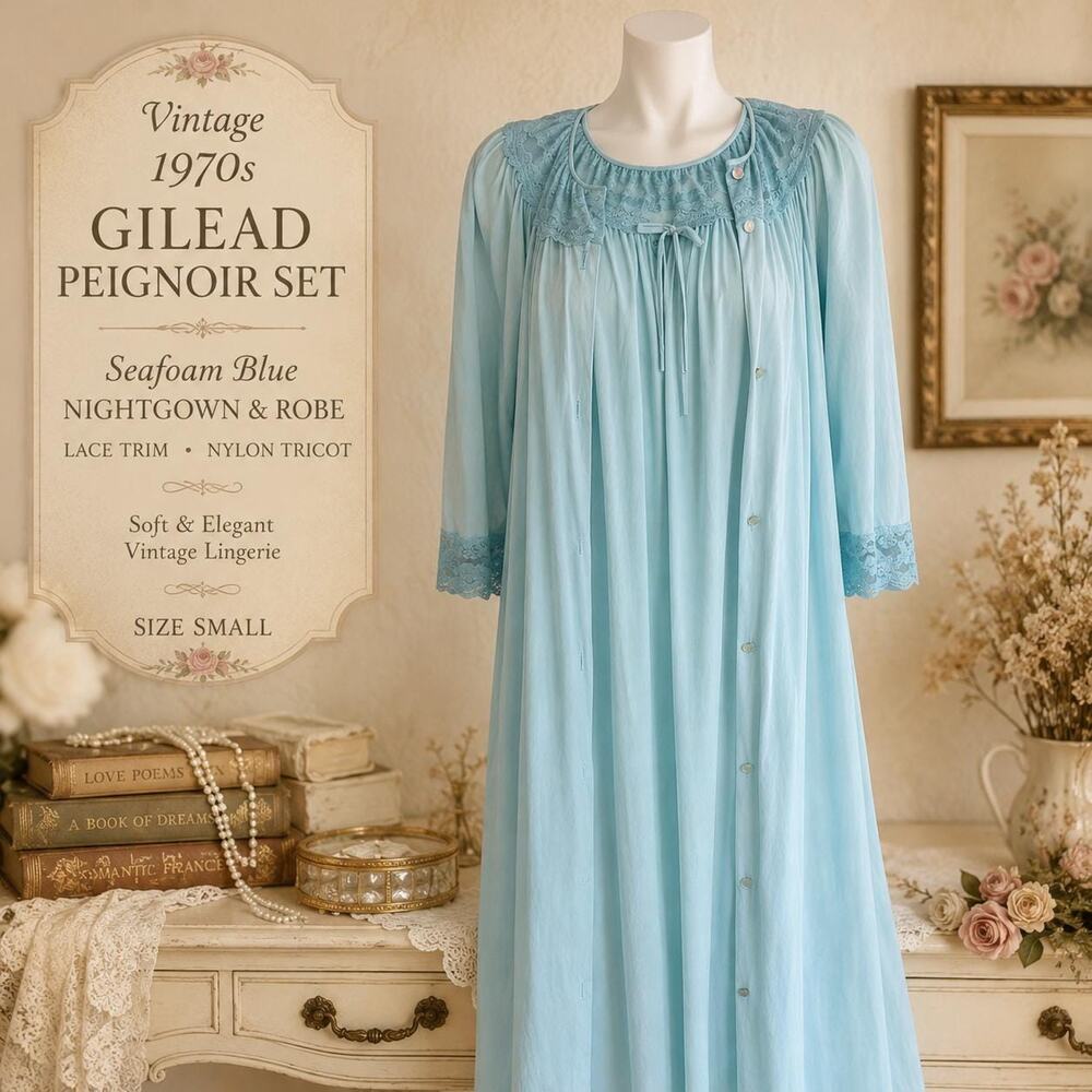Vintage 1970s Gilead Peignoir Set Seafoam Blue Nightgown Robe Lace Trim S - Picture 1 of 12